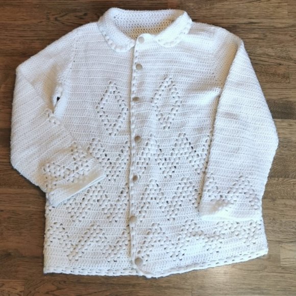 Vintage CottageCore Cream Hand Knit Sweater Cardigan Large - Picture 1 of 7